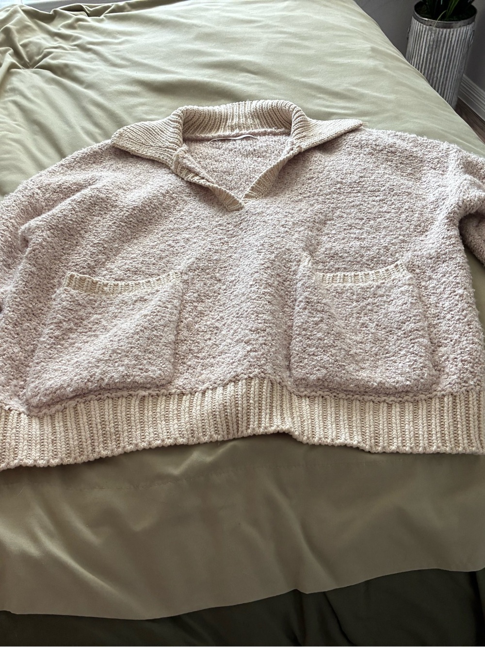 Altar'd State Cream Bouclé V‑Neck Pocket Sweater